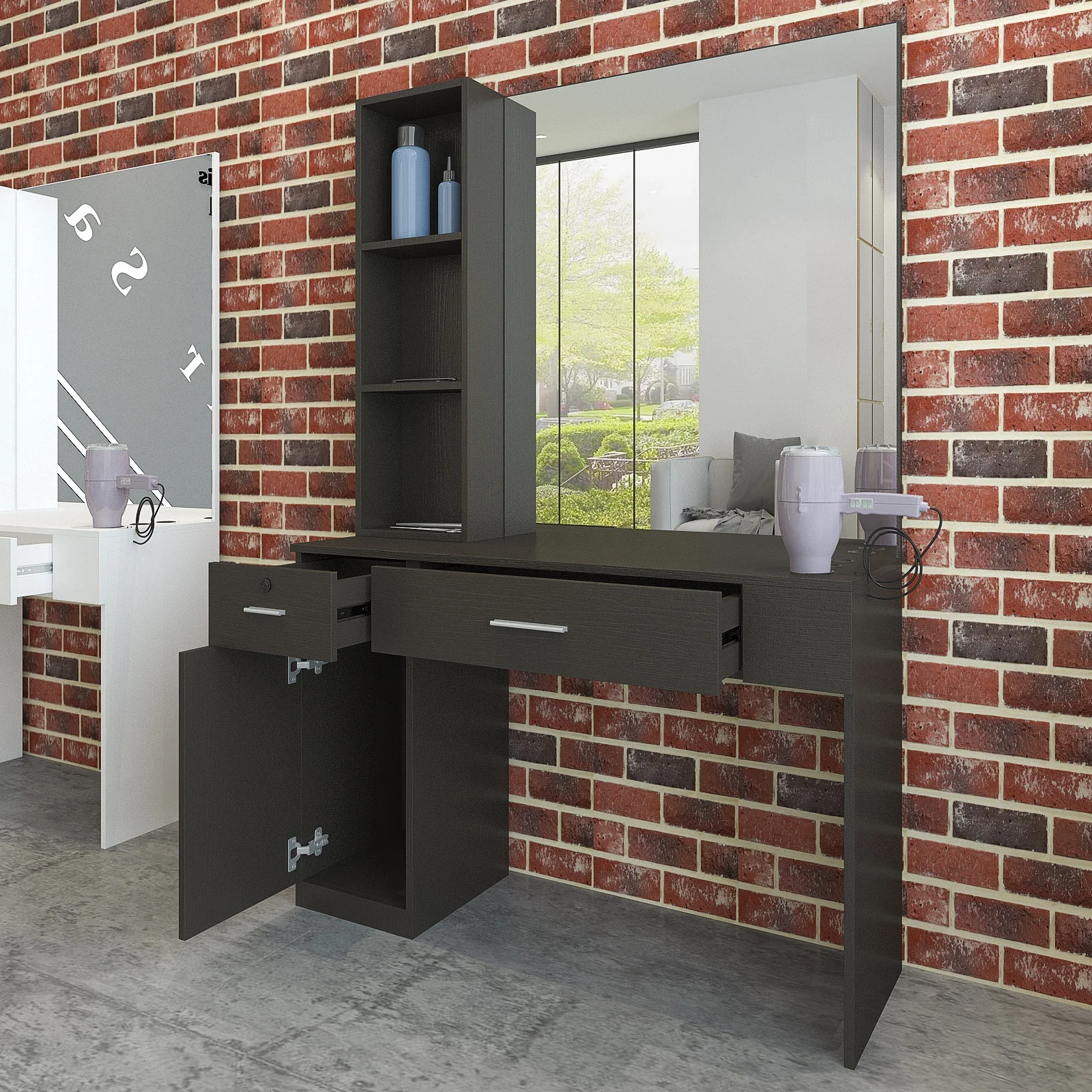 Artist Hand Wall Mount Salon Barber Station Styling Beauty Spa with Mirror, Left Shelf (Black)