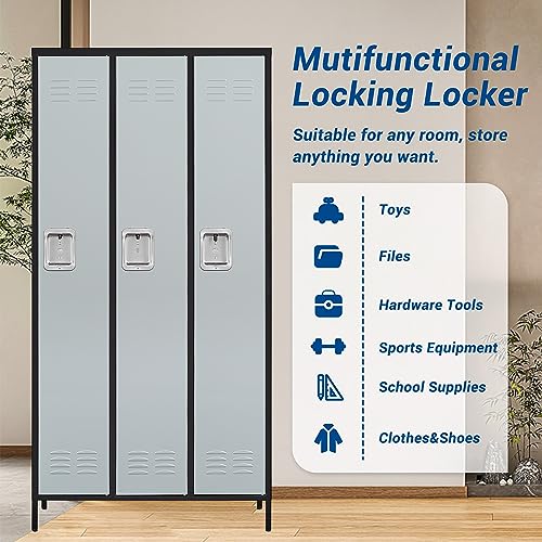 72" Metal Locker for Employees 3 Doors Blue Steel Storage Locker for Office, School, Gym - Metal Storage Cabinets for Home, Office, Gym, School