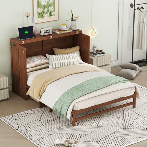 Queen Murphy Bed with Desk and Removable Shelves on Each Side, Murphy Bed Chest Murphy Bed Frame w/USB Port for Home Office, Studio or Guest Room