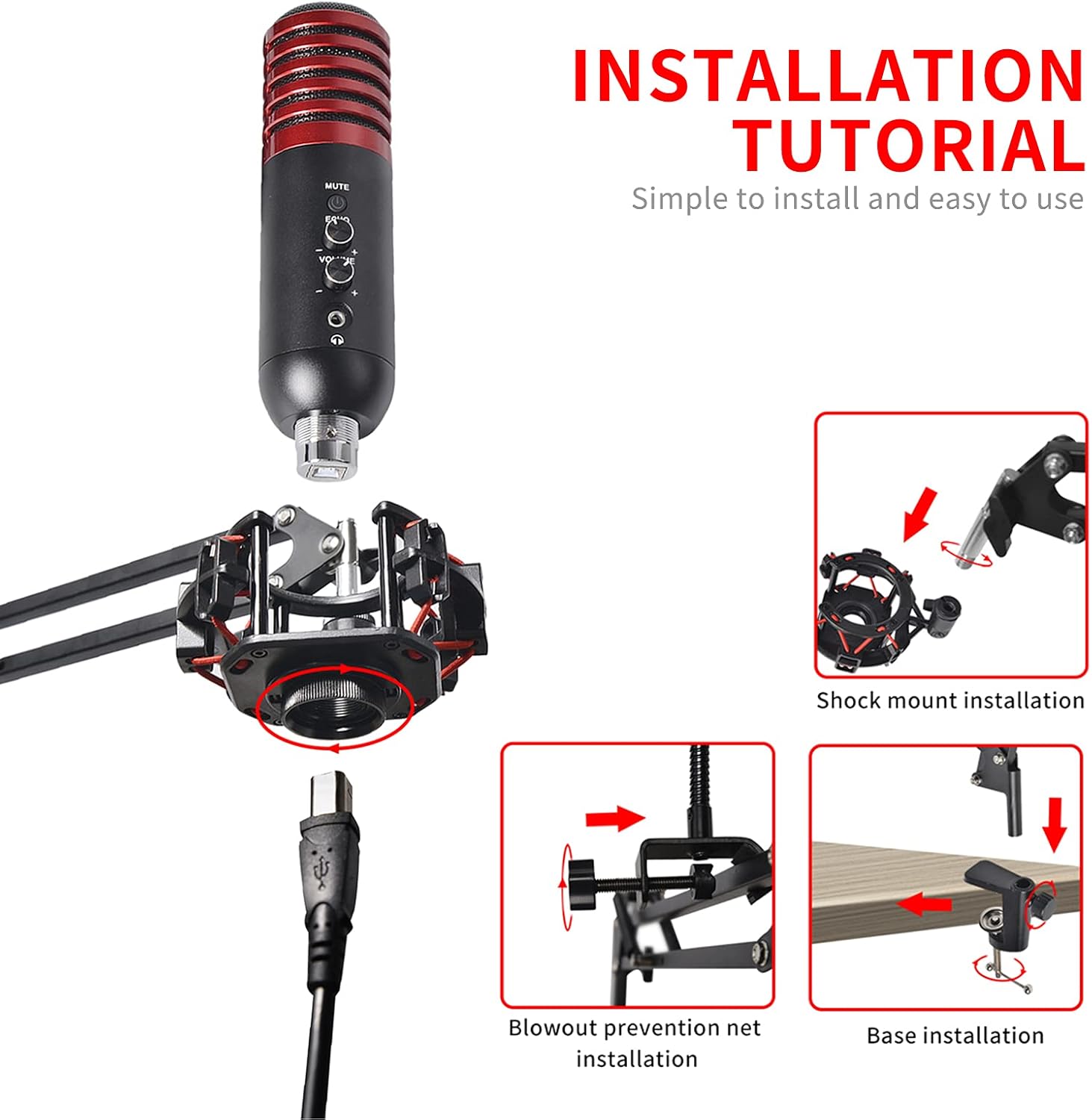 USB Gaming Condenser Microphone Plug and Play Cardioid Condenser Streaming Podcast Mic Kit for PC PS4 Studio Streaming Red with Flexible Boom Arm