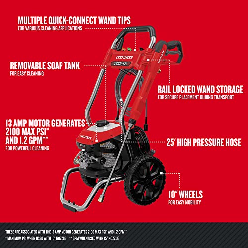 CRAFTSMAN Electric Pressure Washer, Cold Water, 2100-PSI, 1.2 GPM, Corded (CMEPW2100)
