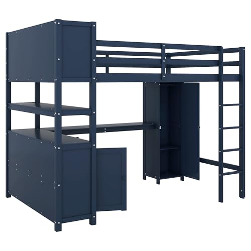 SOFTSEA Full Size Loft Bed with L Shaped Desk, Wood Loft Bed with Wardrobe, Storage Cabinet and Shelves