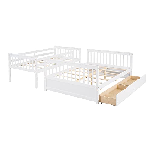 Ball & Cast Full Over Full Bunk Bed with Twin Size Trundle and Built in 4 Drawer,Wood Bunkbed w/Storage Ladder & Slat Support