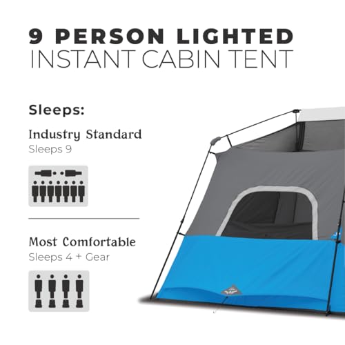 CORE Instant Cabin Tents with LED Lights | 6 Person / 9 Person / 12 Person Family Multi Room Lighted Pop Up Tents for Camping | Included Storage