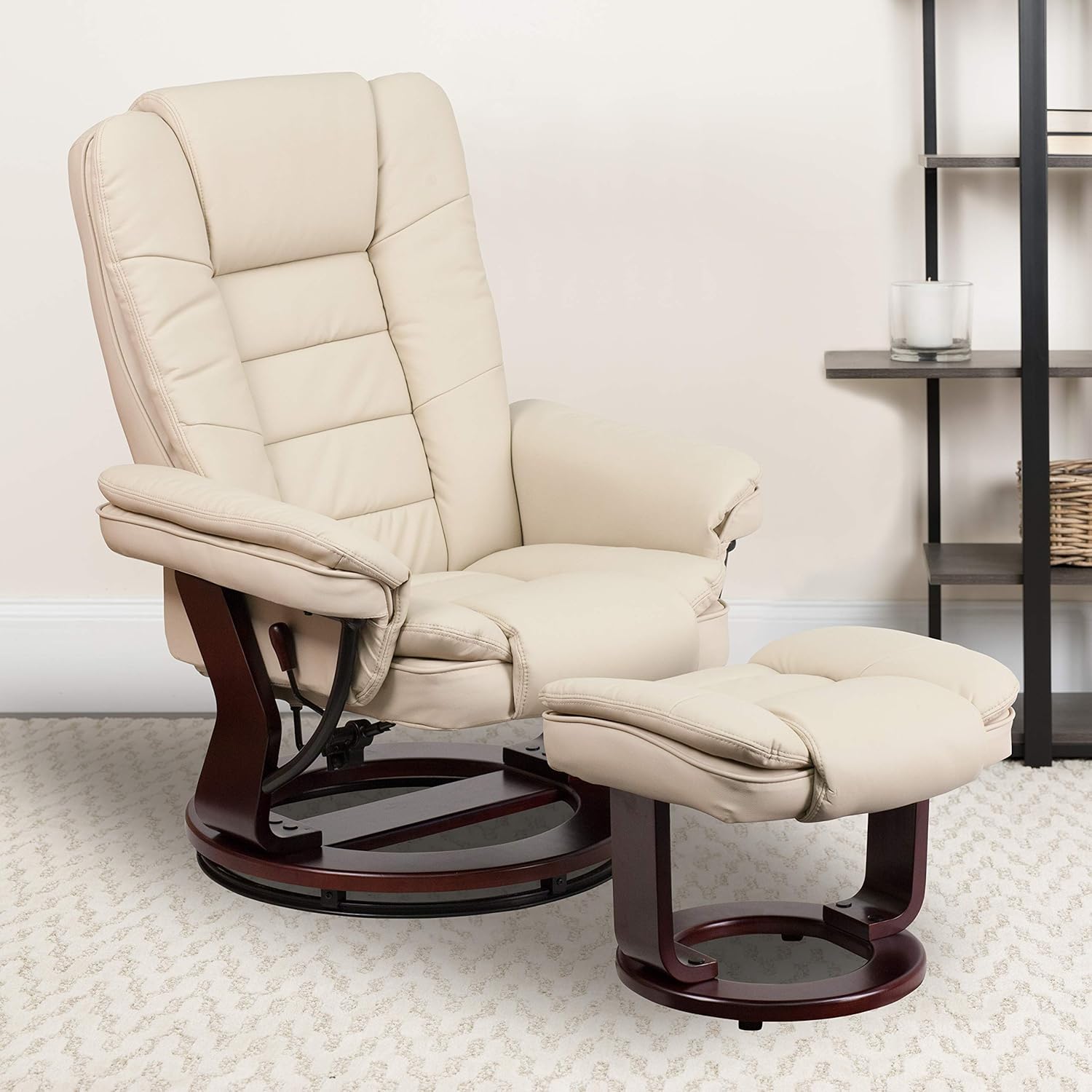 Flash Furniture Contemporary Multi-Position Recliner with Horizontal Stitching and Ottoman with Swivel Mahogany Wood Base in Black LeatherSoft