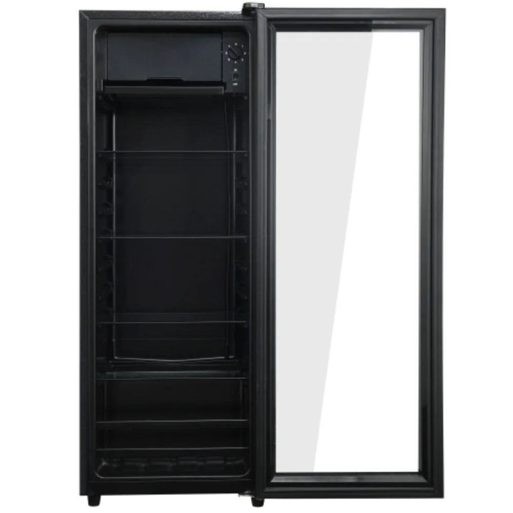 4.5Cu.ft mini fridge, 0.3Cu.ft freezer, up to 94 cans of soda, beer or wine. Silent, high-efficiency and energy-saving compressor, LED lighting