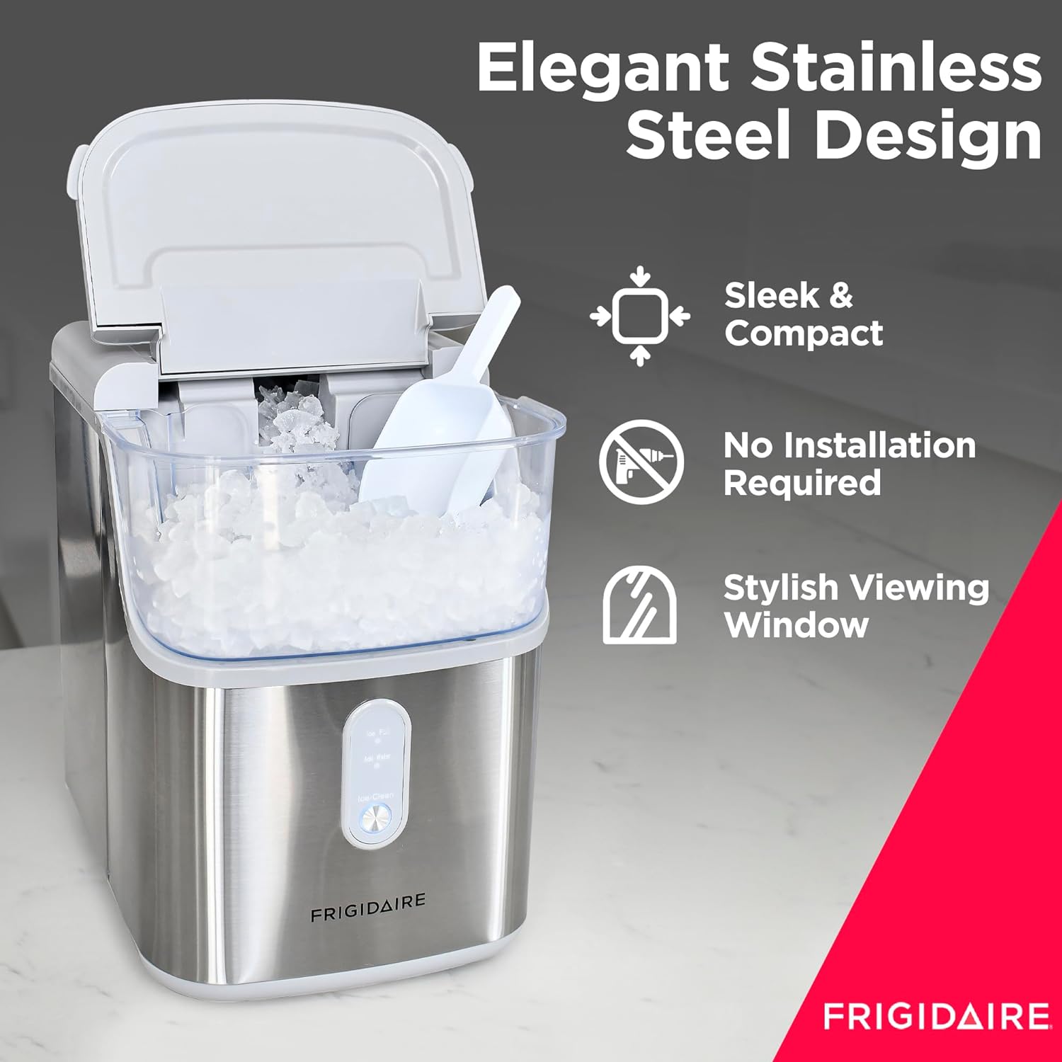 Frigidaire Countertop Crunchy Chewable Nugget Ice Maker, Compact, 33lbs per Day, Metallic Finish - Radiant Selections