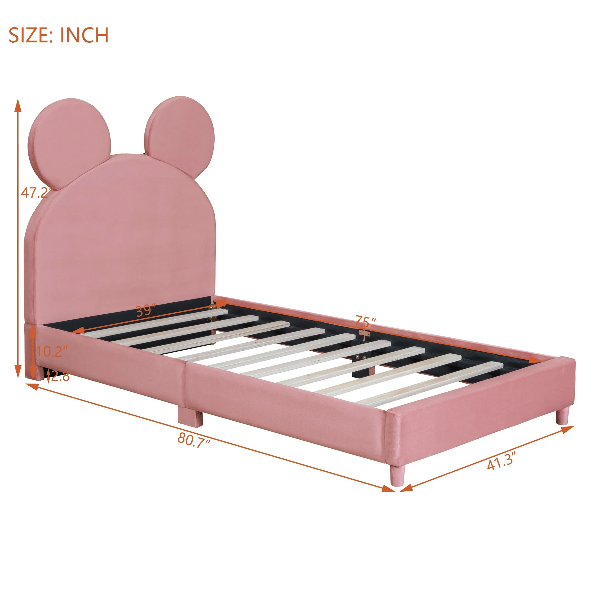 uhomepro Upholstered Twin Size Bed Frame, Platform Bed Frame with Upholstered Bear Ear Shaped Headboard, Wood Slat Support, No Box Spring Needed, Pink