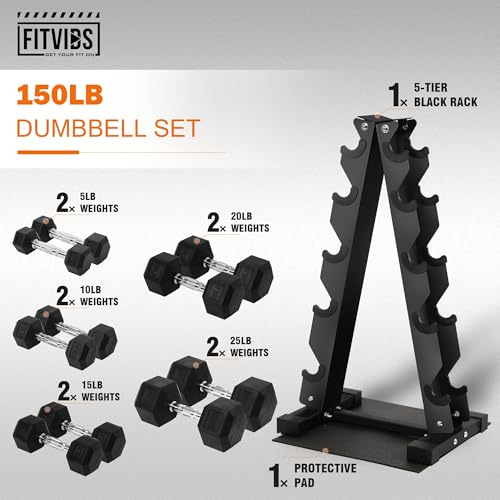 Dumbbell Set with Rack, Rubber Coated Hex Dumbbell Weights in 150lbs, 5, 10, 15, 20, 25lbs Pair, Black