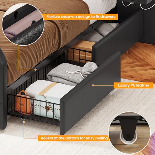 Itaar Queen Bed Frame with 53" Tall Headboard and 4 Storage Drawers, PU Leather Upholstered Platform Bed Frame, Built in Charging Station & Led