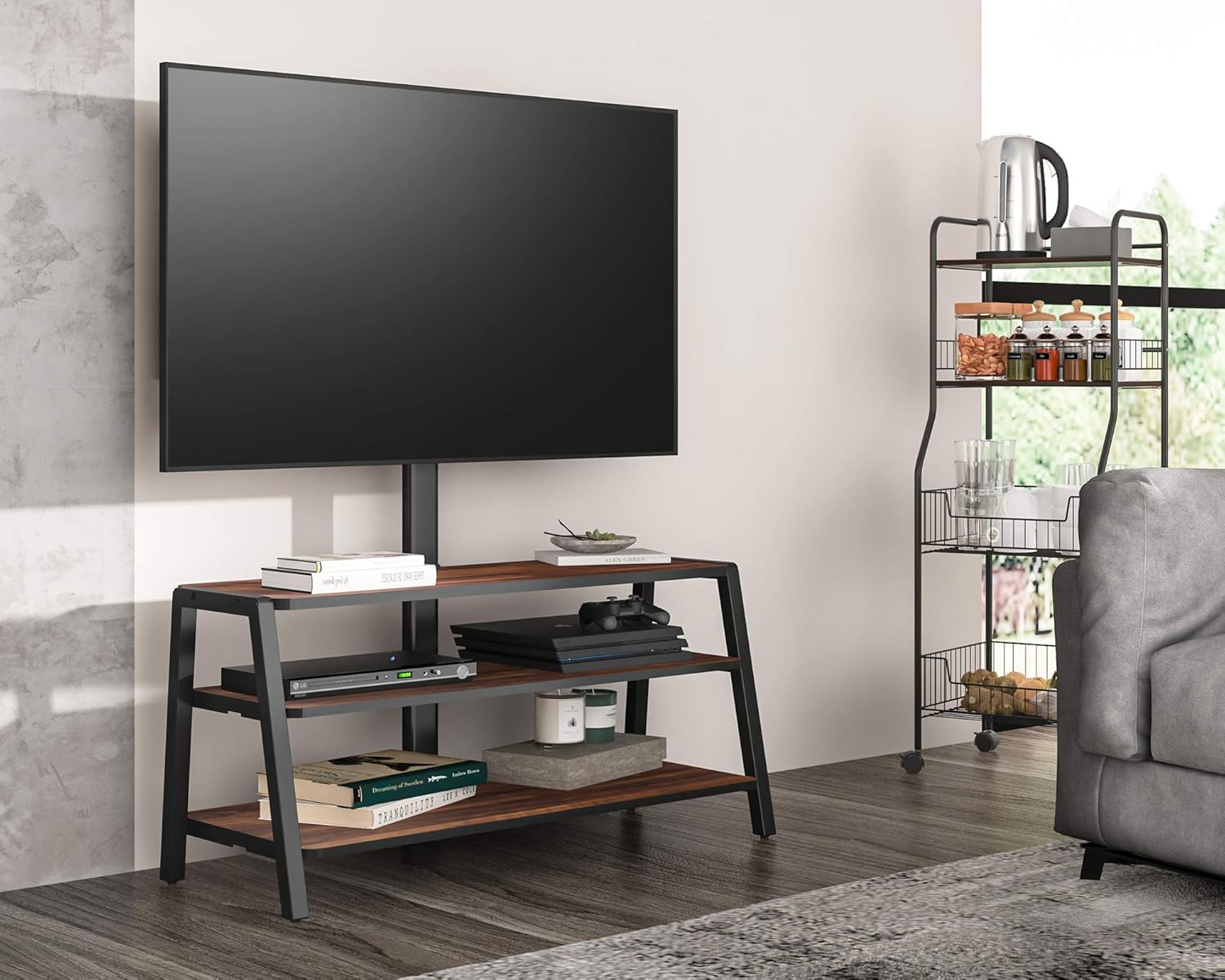 FITUEYES 3-Tier Floor TV Stand for 37-70 Inch TVs Entertainment Center Stand with Storage-Height Adjustable TV Console Stands with Golden Walnut