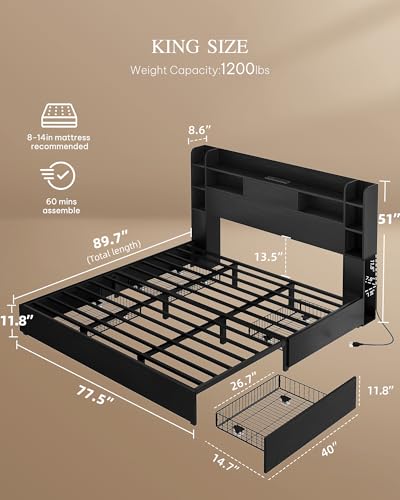 YITAHOME Queen Bed Frame with Bookcase Headboard and 4 Storage Drawers, RGB LED Bed Frame with Type-C & USB Charging Station Storage Headboard Bed
