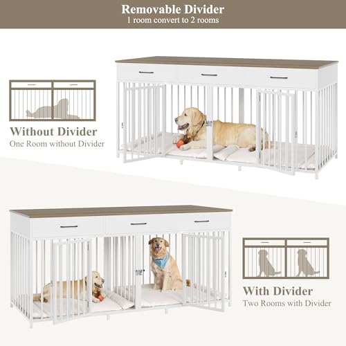 HOSTACK Double Dog Crates Furniture, 71" Wide Indoor Dog Kennel with 3 Drawers, Farmhouse Dog Cage for 2 Large/Medium Dogs