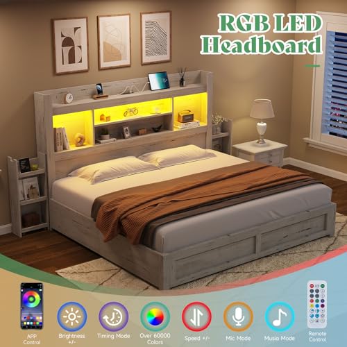 AMERLIFE Queen Bed Frame with 4 Storage Drawers, LED Platform Bed with 49" Bookcase Headboard