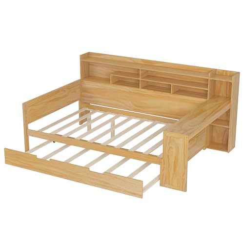 Corner Twin Bed Frame with Bookcase Storage and Desk, Wood Day Beds with 2 Drawers, Twin Size Daybed with Storage for Living Room