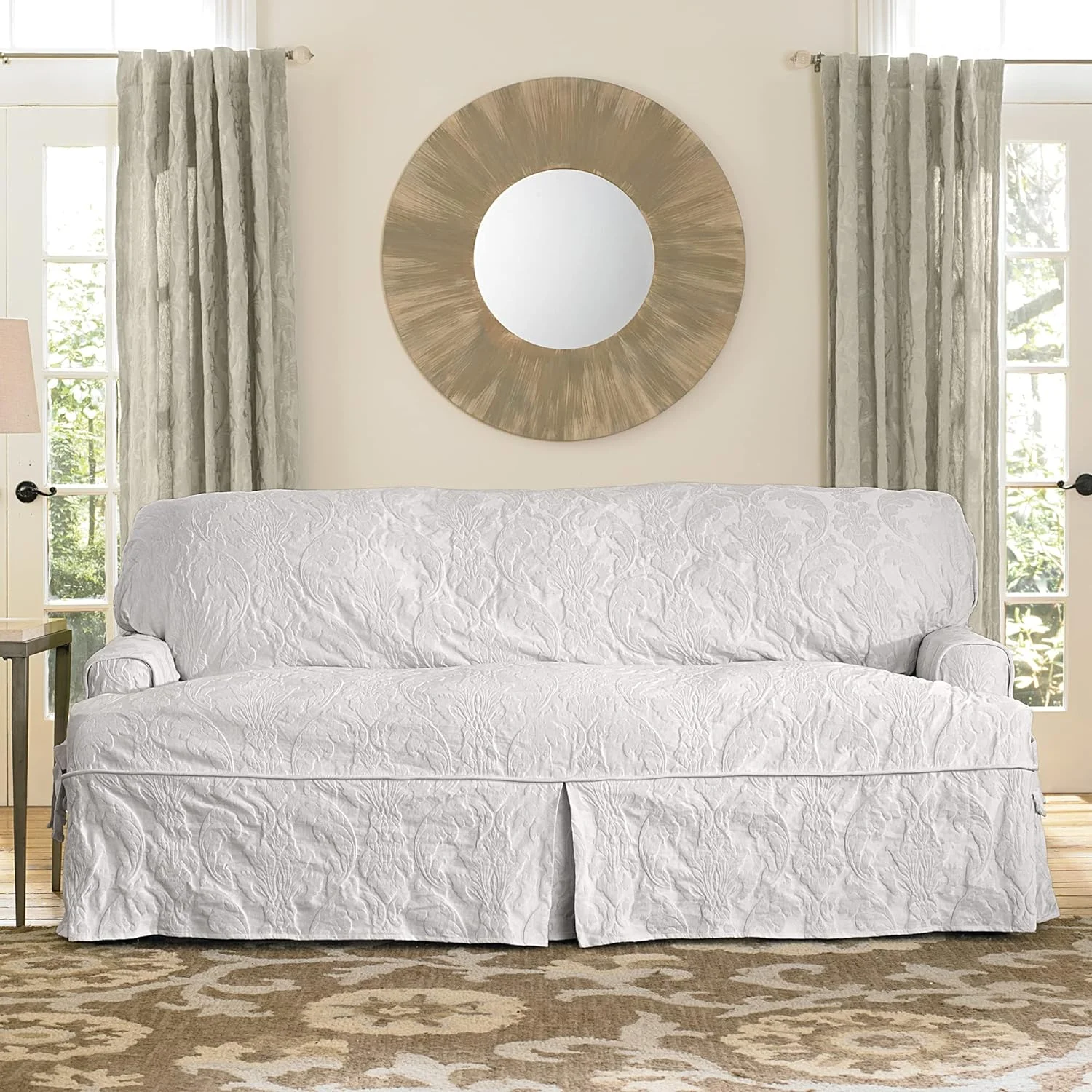 Matelasse Damask 1 Piece T-Cushion Kick Pleat Sofa Slipcover White