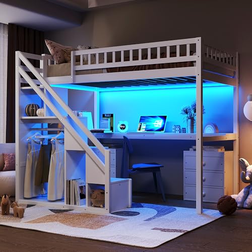 Modern Full Size Gaming Loft Bed with Built-in Desk and Storage Wardrobe, Wood Loft Bed Frame with Light Strip and 2 Drawers