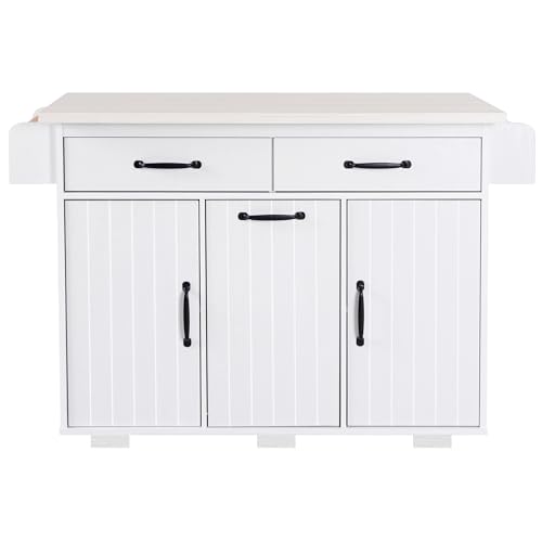 Ball & Cast Farmhouse Kitchen Island with Drop Leaf & Barn Door,Rolling Kitchen Cart on Wheels with Power Outlet,3 Large Drawers