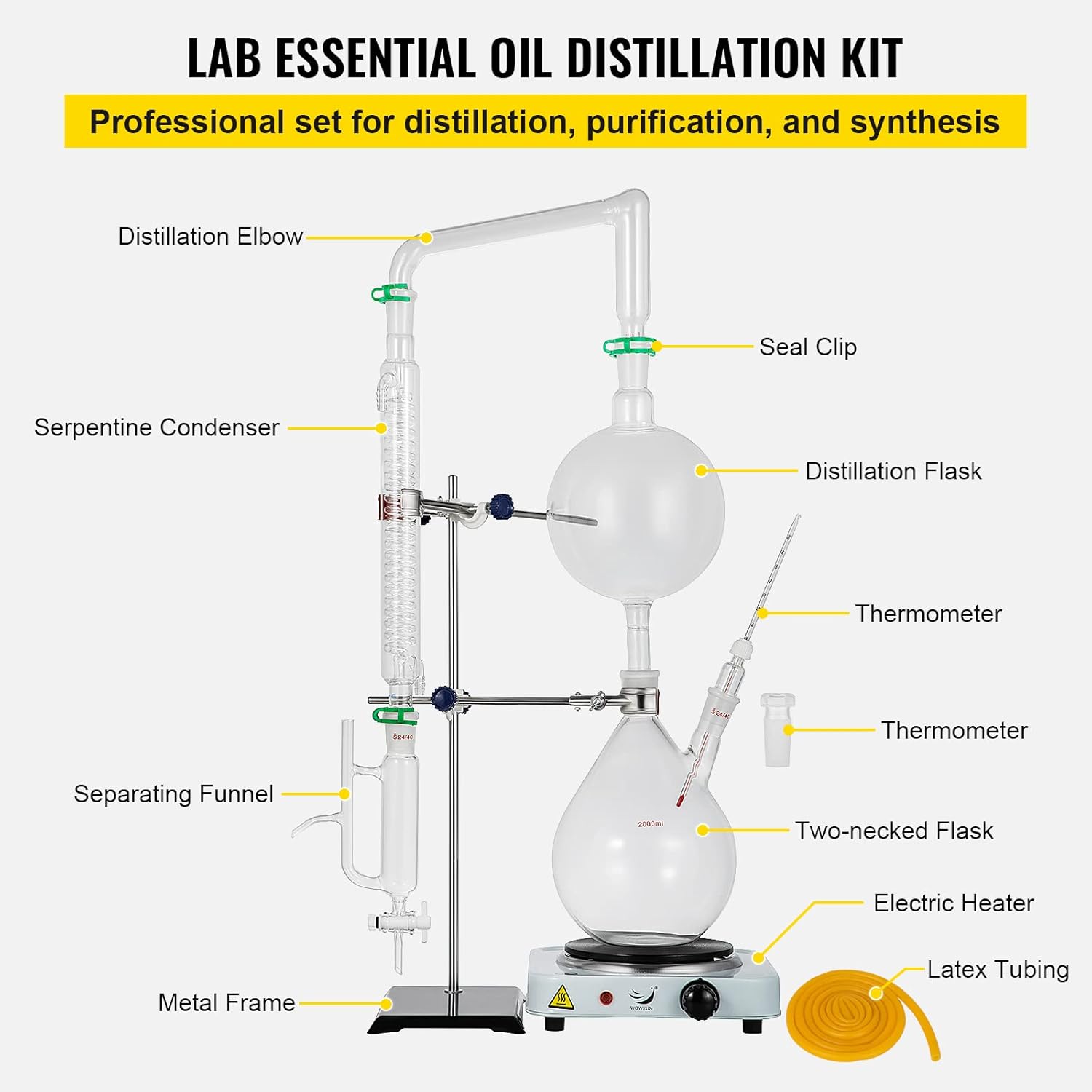 VEVOR 2L Essential Oil Distillation Apparatus Lab Glassware Distillation Kit Water Distiller Purifier with Hot Stove Condenser S35 & 24 or 40 Joint