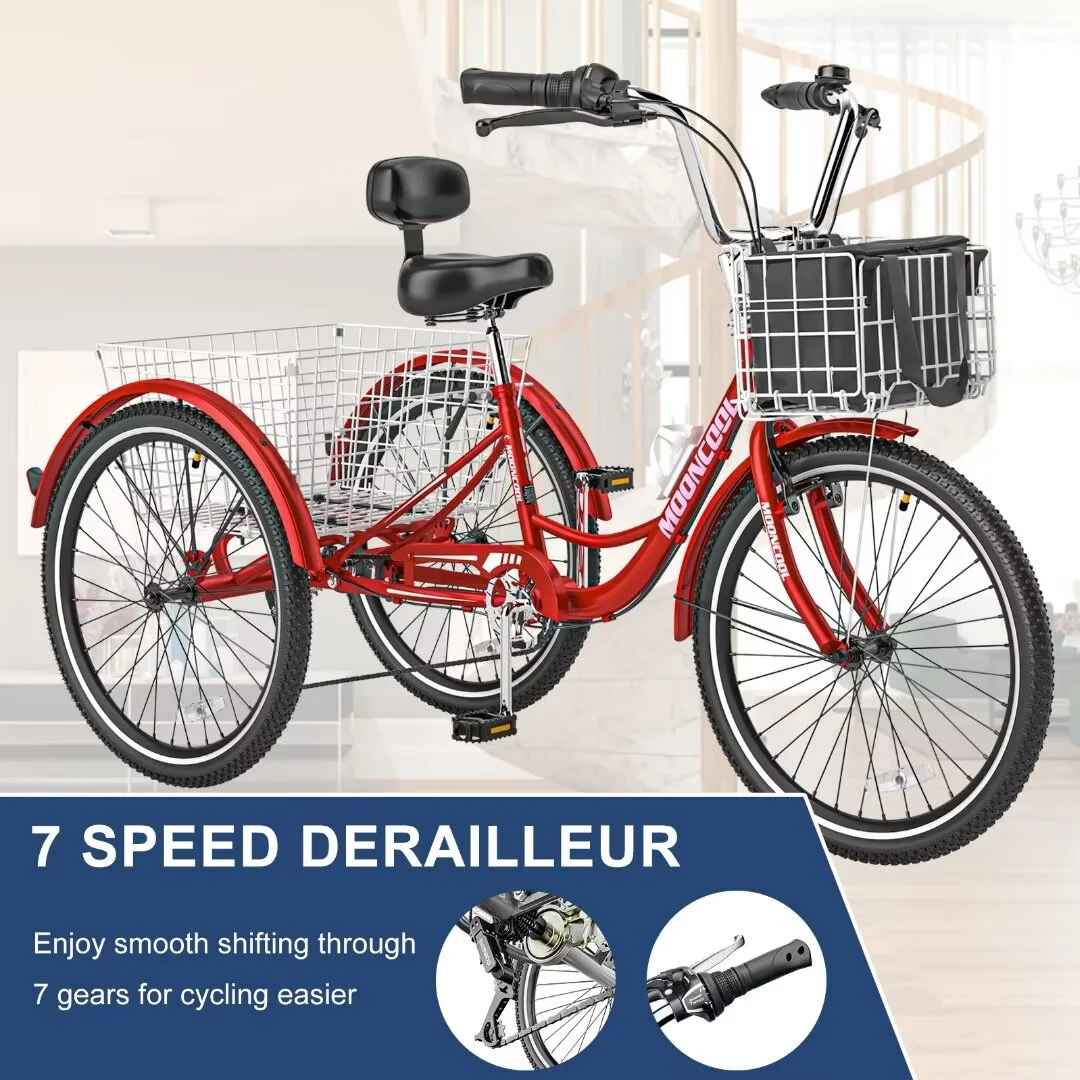 Docred Adult Tricycle 7 Speed 24 Inch Three Wheel Bike Cruiser Trike for Men/Women/Seniors