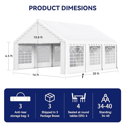 PHI VILLA 20'x16' Outdoor Heavy Duty Party Tent Large Commercial Canopy Wedding Event Shelter with Removable Sidewalls & 3 Storage Bags for Patio
