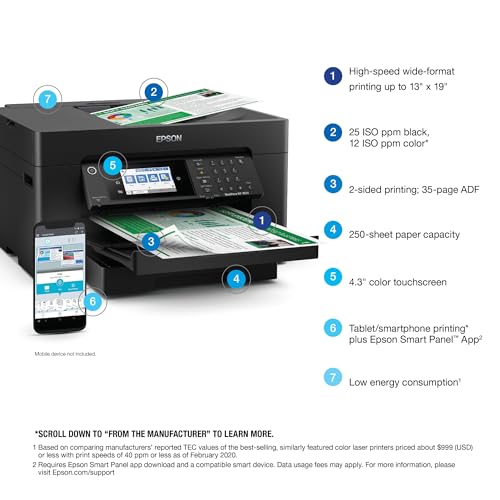 Epson Workforce Pro WF-7820 Wireless All-in-One Wide-Format Printer with Auto 2-Sided Print 13" x 19", Copy, Scan & Fax, 50-Page ADF