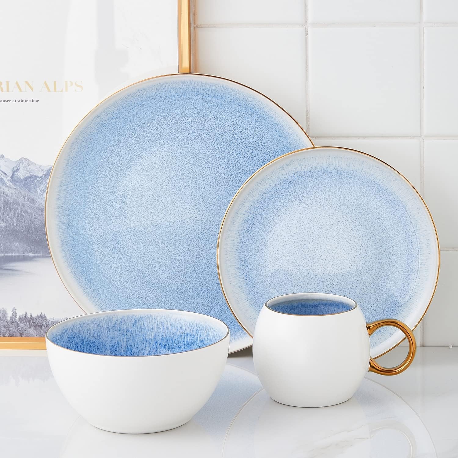 Josephine Formal Porcelain Dinnerware, Set Of 4, Blue, White And 16-Piece