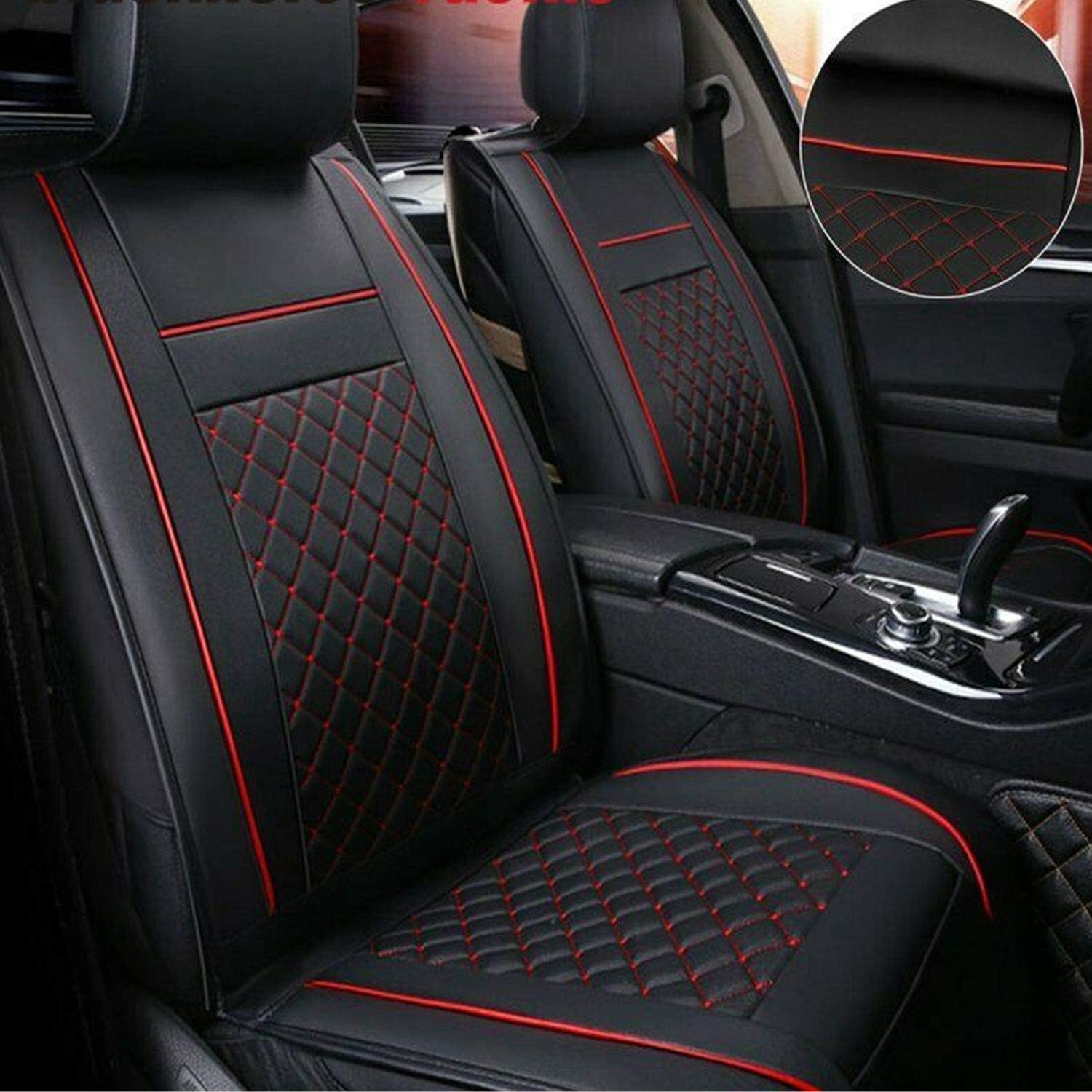 TYFYB Universal 5 Seats Wearproof PU Leather Car Seat Cover Full Set Seat Pad Protector Set Front + Rear Cushions w/Pillows Black/Beige