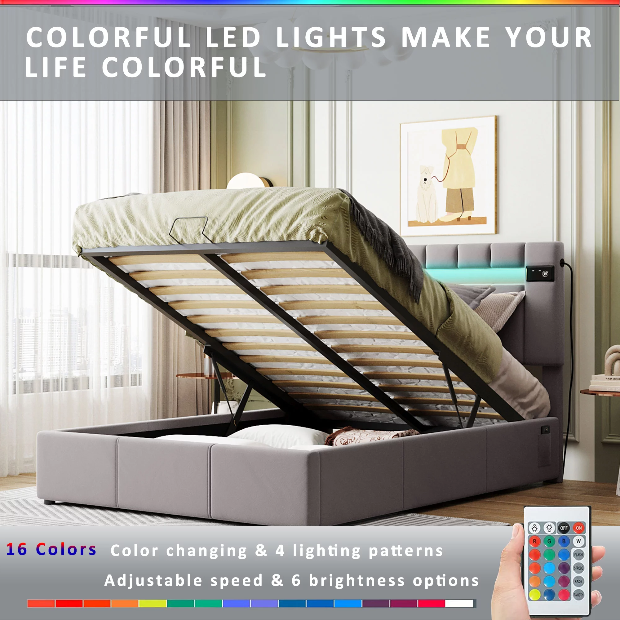 Bellemave Full Size Bed Frame with Storage and LED Light, Lift Up Upholstered Platform Bed with Bluetooth Player and USB Charging
