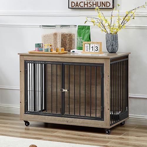 Large Dog Kennel Furniture -Adjustable Raised Feeder for Dogs with 1 Stainless Steel Bowls -End Table Dog House Spacious and Stylish Crate for Your