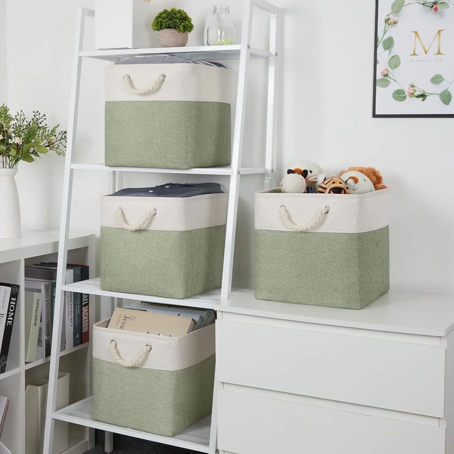 Fabric Storage Baskets 4Pack Storage Bins Decorative Basket for Gift, Clothes Bin with Rope Handle, Rectangle Baskets for Storage, Blankets(White&amp