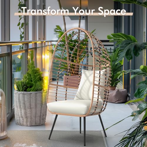 JOIVI Wicker Egg Chair, Oversized Indoor Outdoor Lounger Large Egg Basket Chair with Stand and Cushions for Patio Porch, Backyard, Living Room