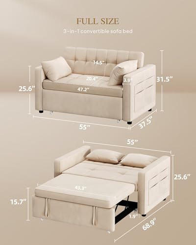 DWVO 55" Convertible Sofa Bed, 3-in-1 Sleeper Sofa with Pull-Out Bed, Linen Futon Couch with Adjustable Backrest and Side Pocket