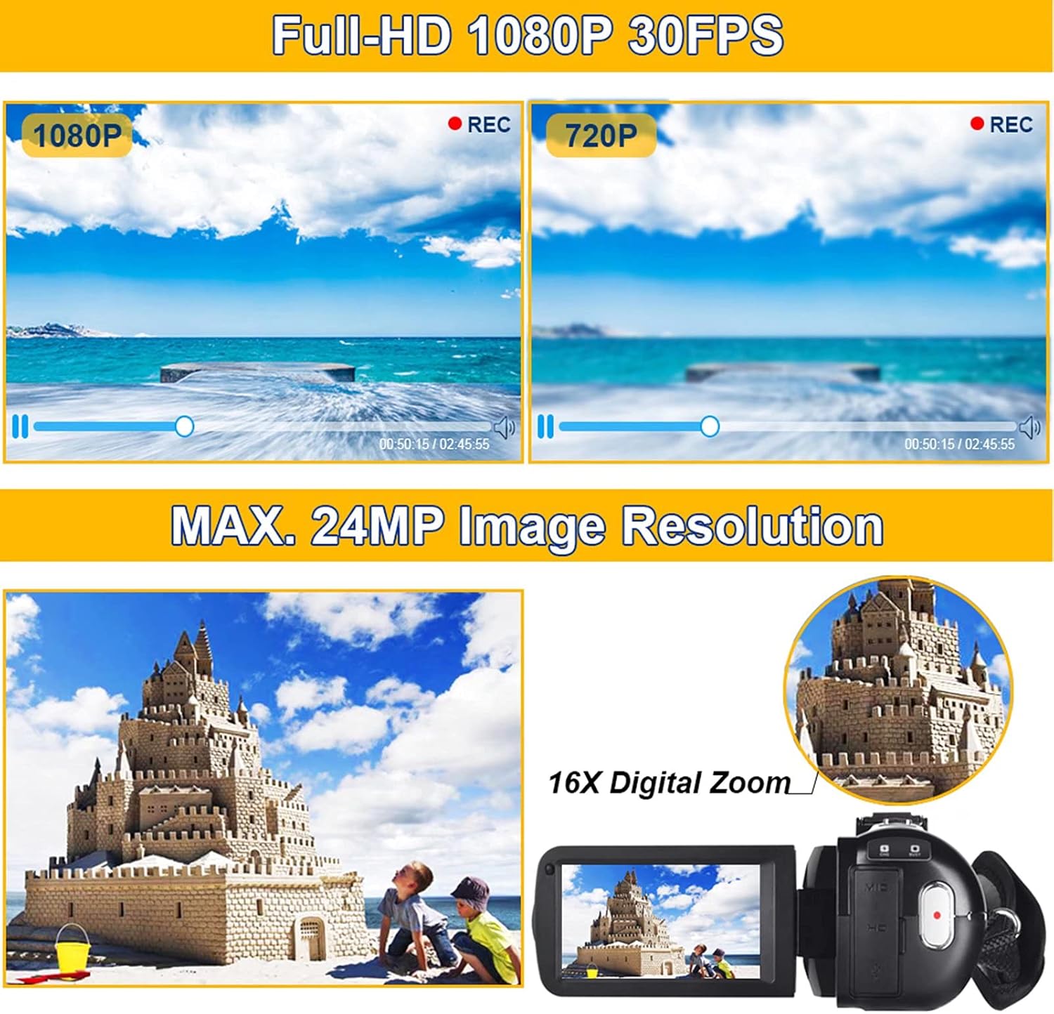 Video Camera Camcorder Full HD 1080P 30FPS 24.0 MP IR Night Vision Vlogging Camera Recorder 3.0 Inch IPS Screen 16X Zoom Camcorders Camera Remote