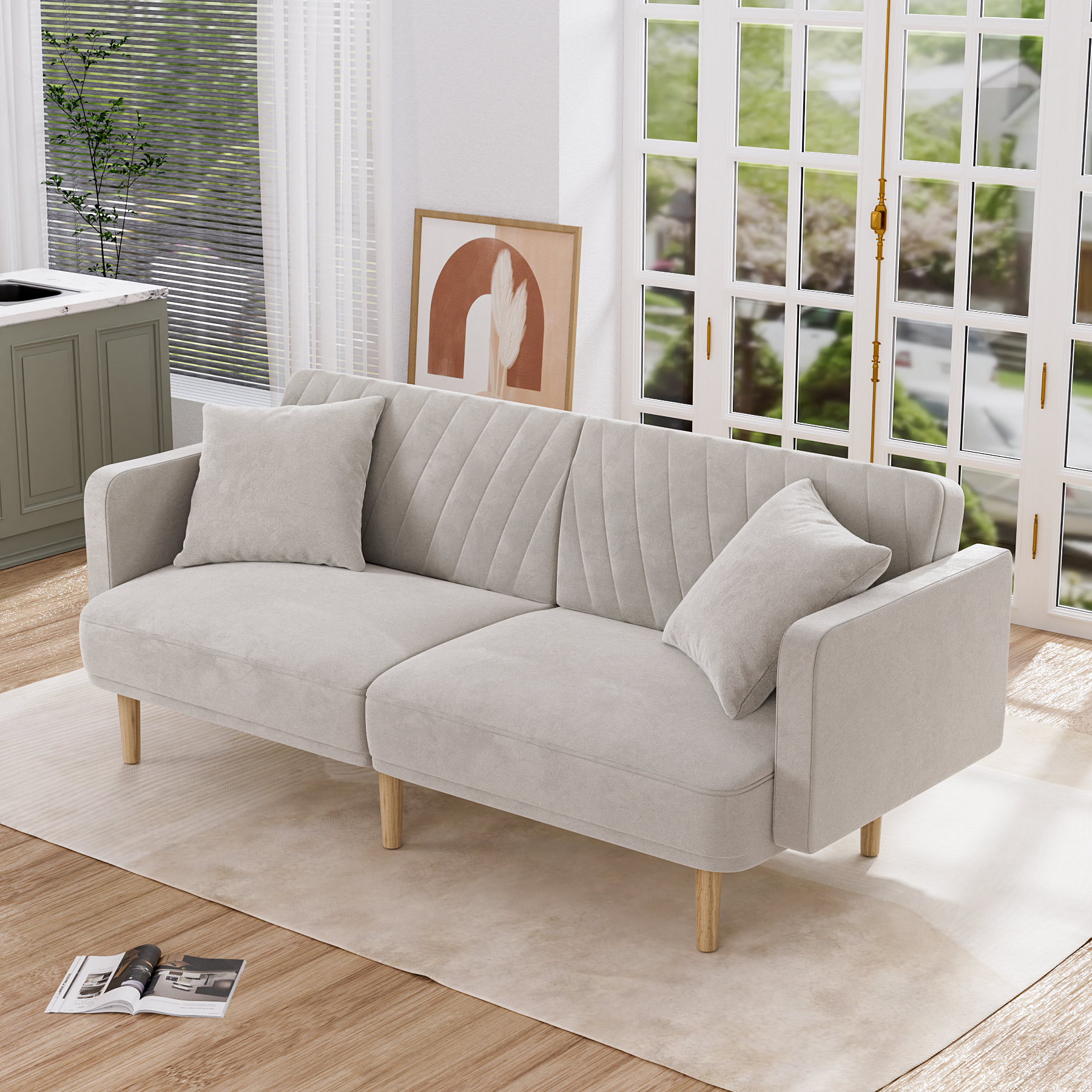 Rophefx Upholstered Tufted Velvet Futon Sofa Bed with 2 Pillows, Modern Convertible Futon Couch with 3 Adjustable Backrest Angles for Apartment