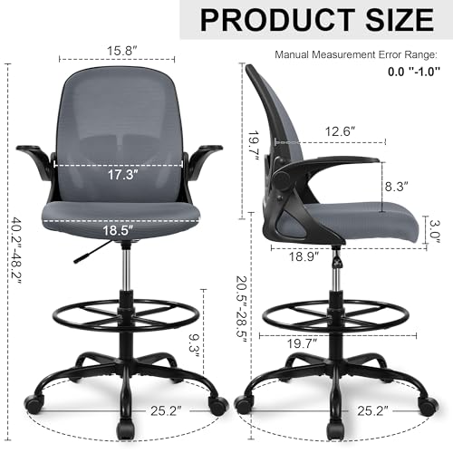 Primy Drafting Chair Tall Office Chair with Flip-up Armrests Executive Ergonomic Computer Standing Desk Chair with Lumbar Support and Adjustable
