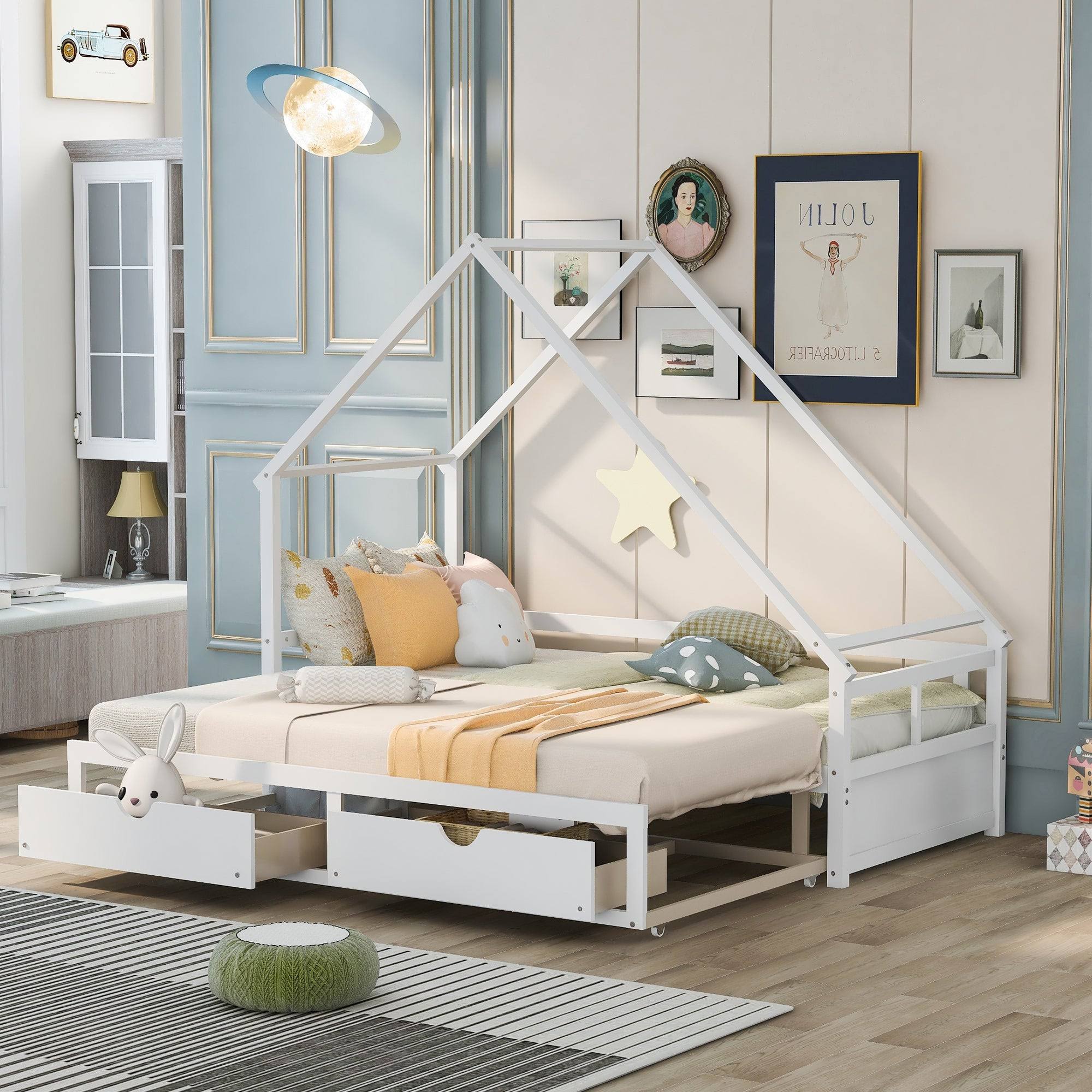 Twin-King Wooden House Extending Daybed with Two Drawers, Pine, White - Espresso