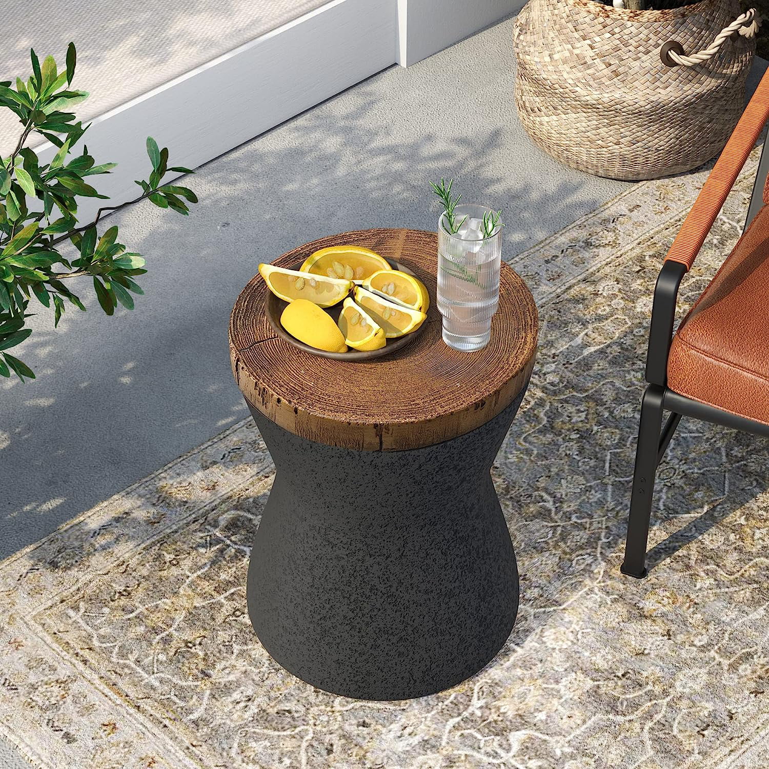 Outdoor Accent Table, 11" Hourglass Shaped Outdoor Side Table for Patio, Concrete Garden Stool End Table