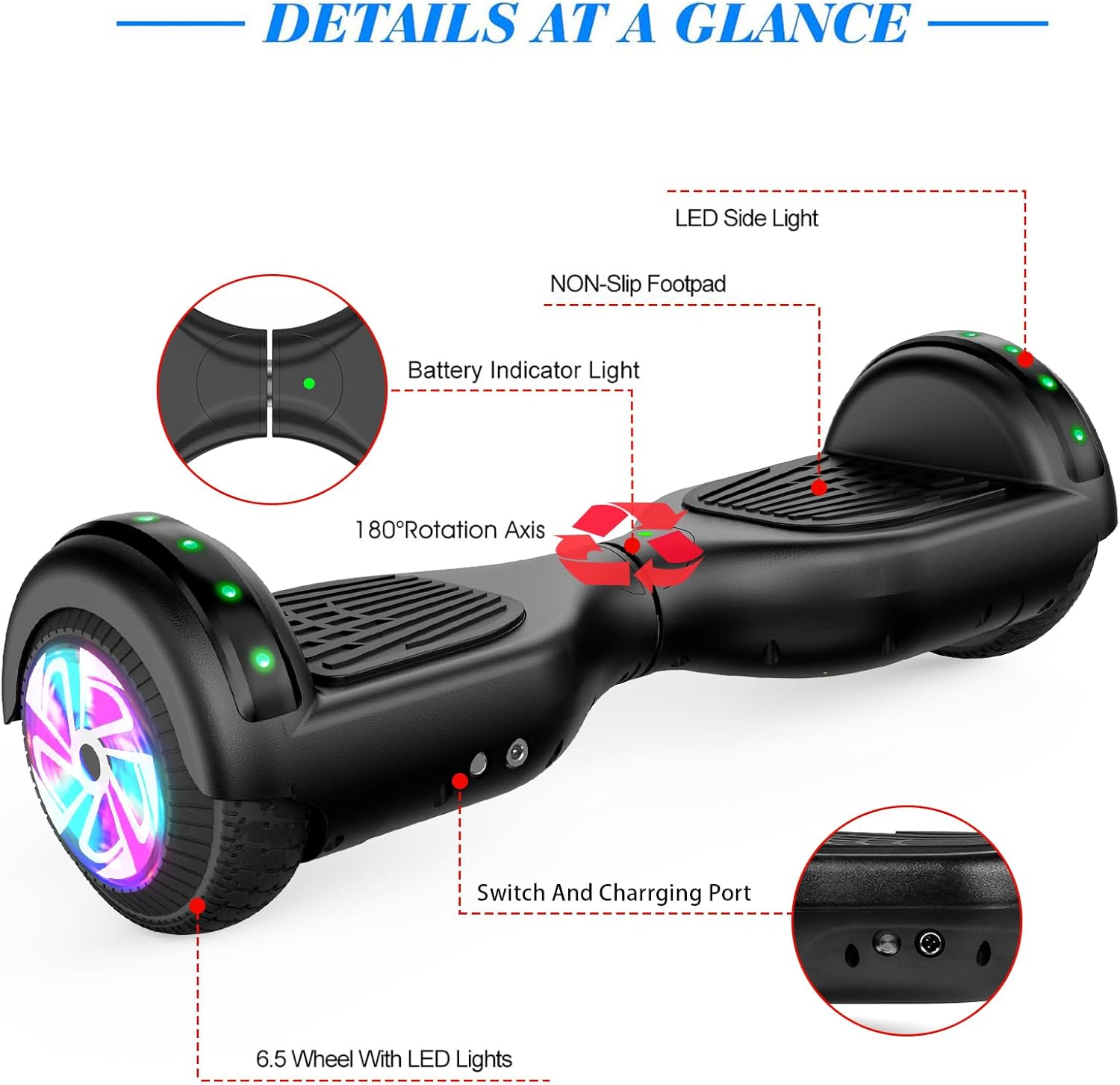 Hoverboard, 6.5 Inch Self Balancing Hoverboards with Bluetooth and LED Lights, Hover Board for Kids Teenagers