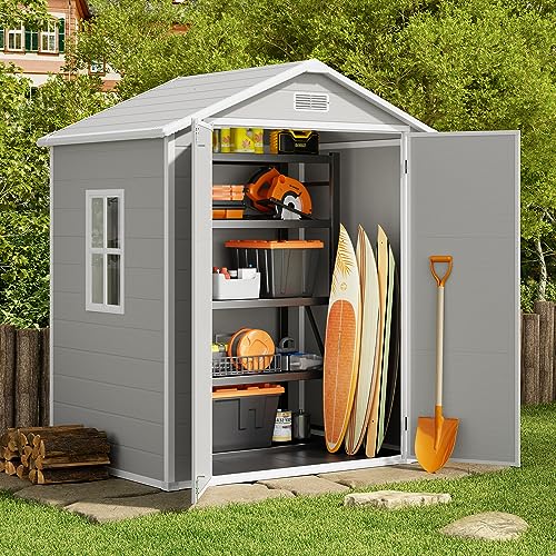 Gizoon 5x3 FT Resin Outdoor Storage Shed with Floor, Waterproof Lockable Storage Shed with Window, Plastic Outside Tool Storage Shed for Garden