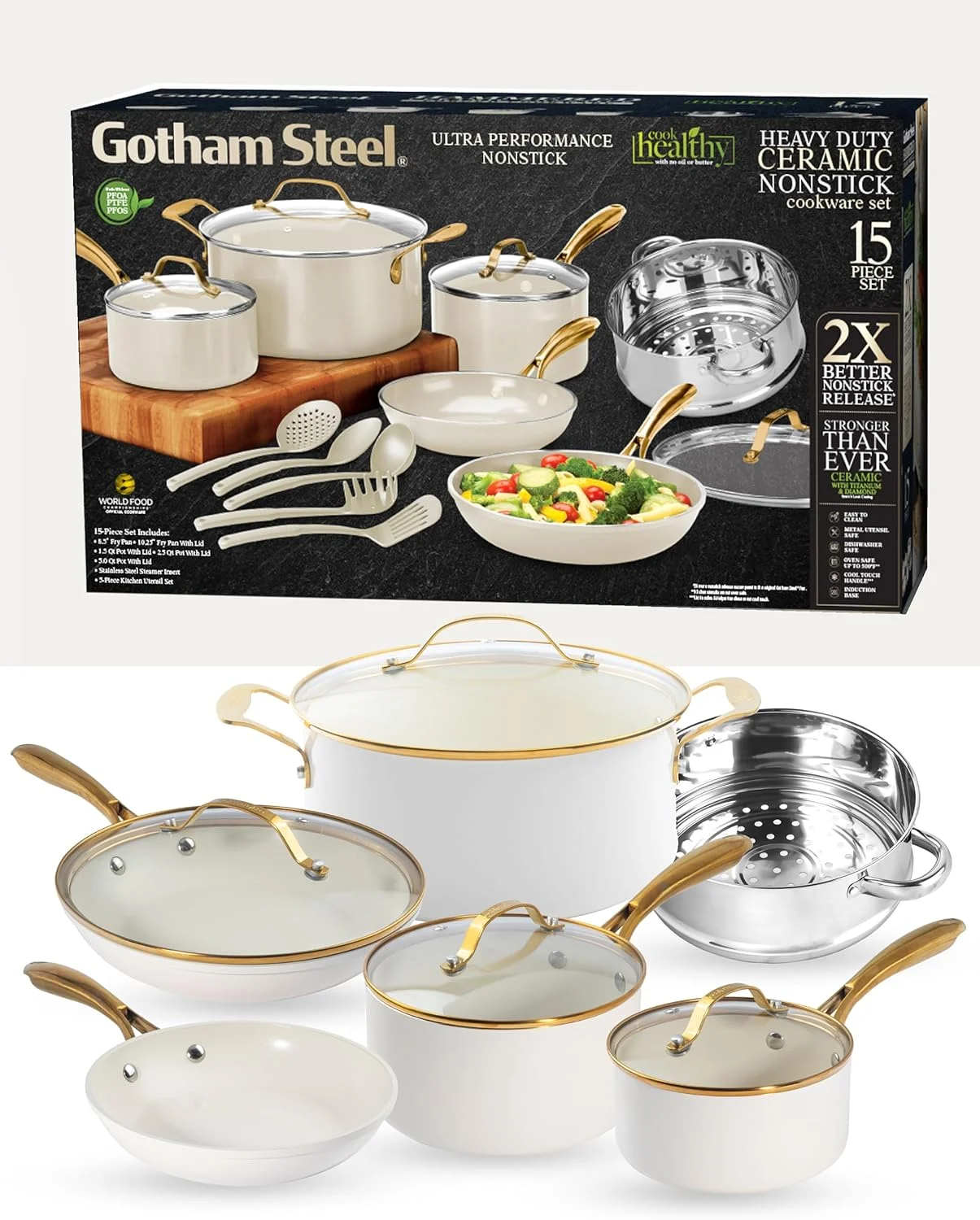 Gotham Steel 15 Pc Pots and Pans Set Non Stick Cookware Set, Pot and Pan Set, Kitchen Cookware Sets, Ceramic Cookware Set, Nonstick Cookware Set