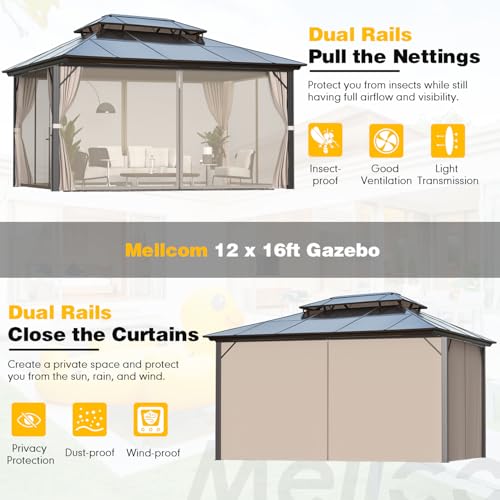 MELLCOM 10'x13' Hardtop Gazebo with Polycarbonate Double Roof, Aluminum Frame Outdoor Gazebo Permanent Pavilion with Curtains and Netting for Patio