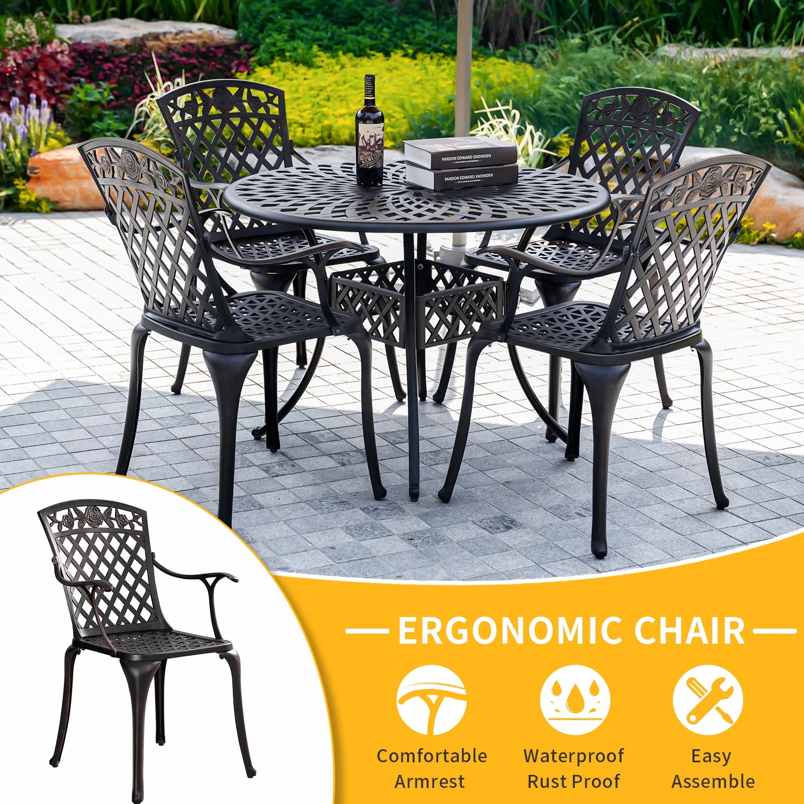 Withniture 5 Piece Patio Dining Sets Outdoor Bistro Table and Chairs Set with Umbrella Hole for Garden Bronze