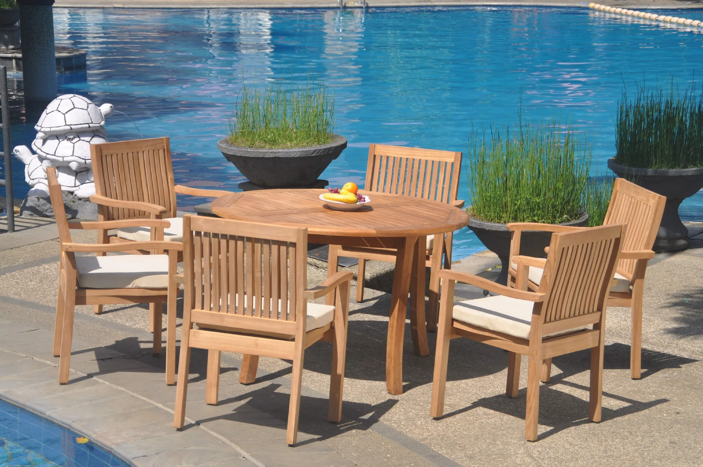 Grade-A Teak Dining Set: 6 Seater 7 Pc: 48" Round Table And 6 Leveb Stacking Arm Chairs Outdoor Patio WholesaleTeak #51LV1007