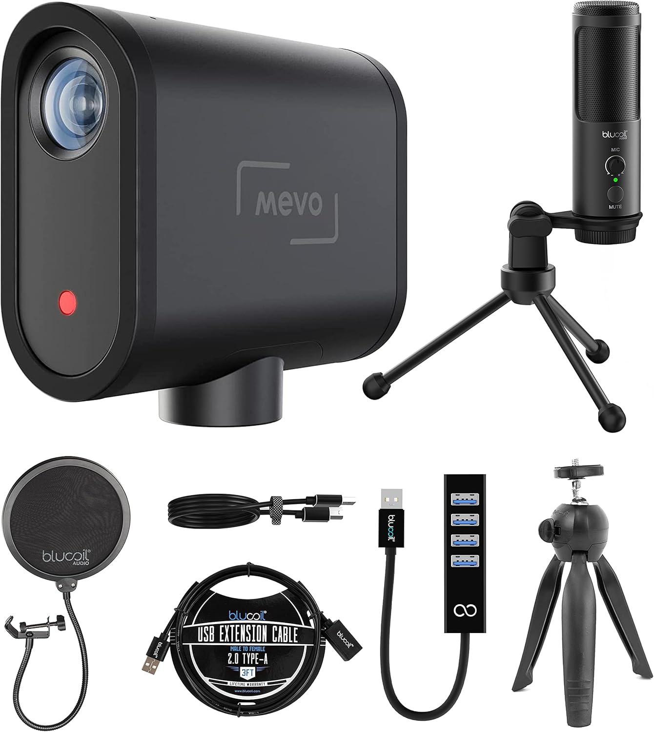 Mevo Start Wireless Live Streaming Camera 1080p HD Video Quality Bundle with Blucoil USB Condenser Microphone, USB-A Mini Hub, Pop Filter