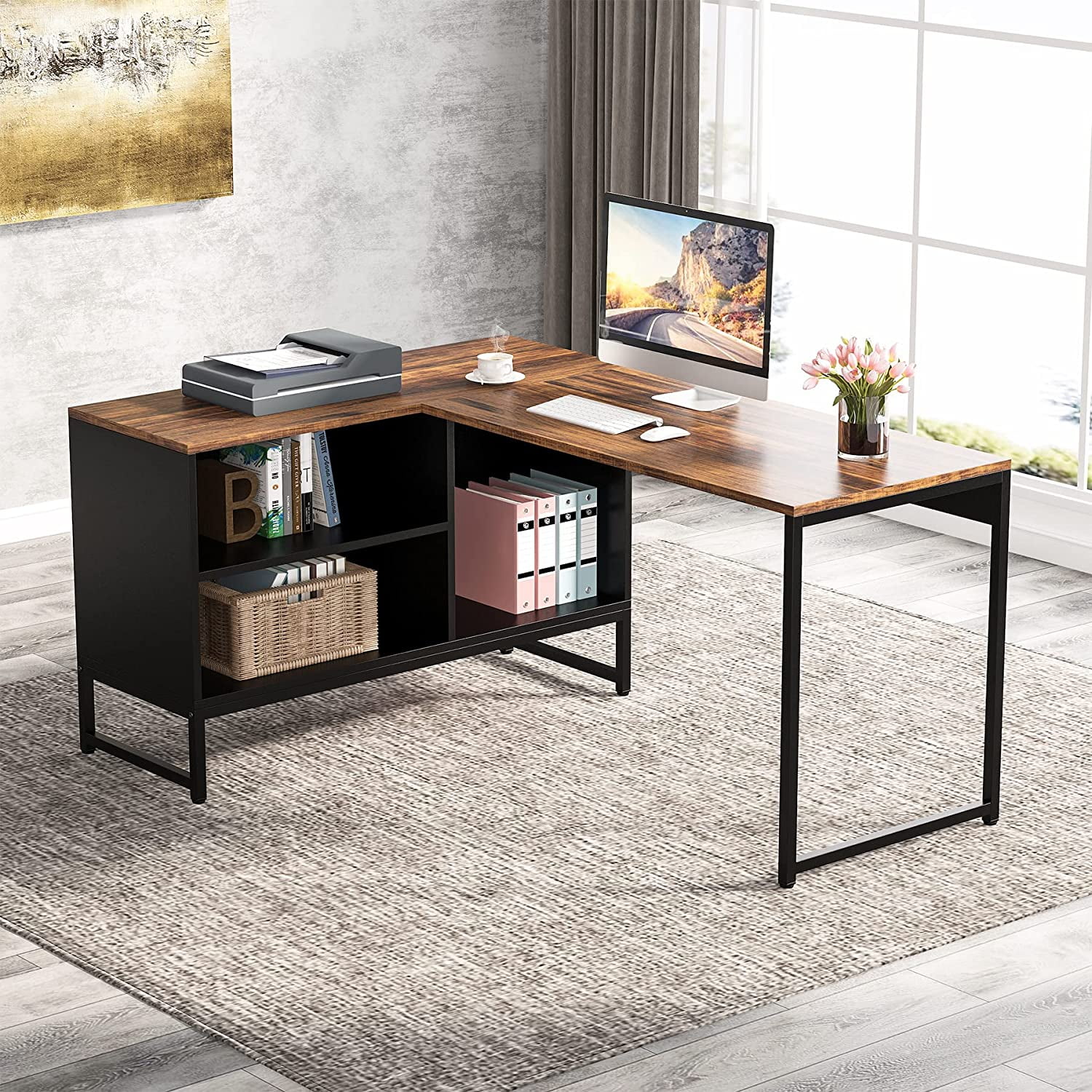 L Shaped Desk with File Cabinet  59 inch Large L-Shaped Office Desks with  Computer Corner Desks with Heavy-Duty Metal Frame Black Rustic Brown