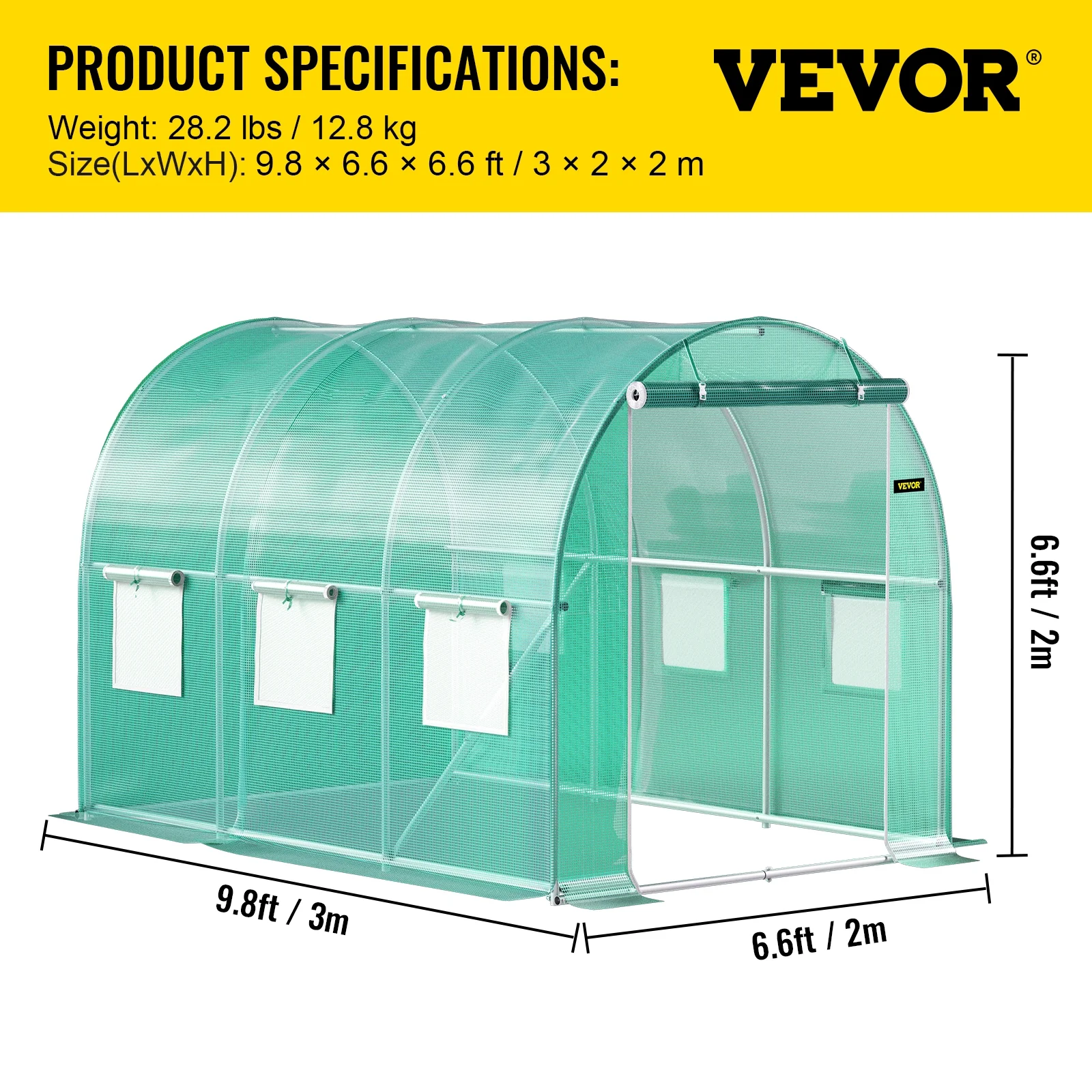 VEVORbrand Walk in Tunnel Greenhouse, 20 x 10 x 7 ft Portable Plant Hot House w/ Galvanized Steel Hoops, 3 Top Beams, Diagonal Poles