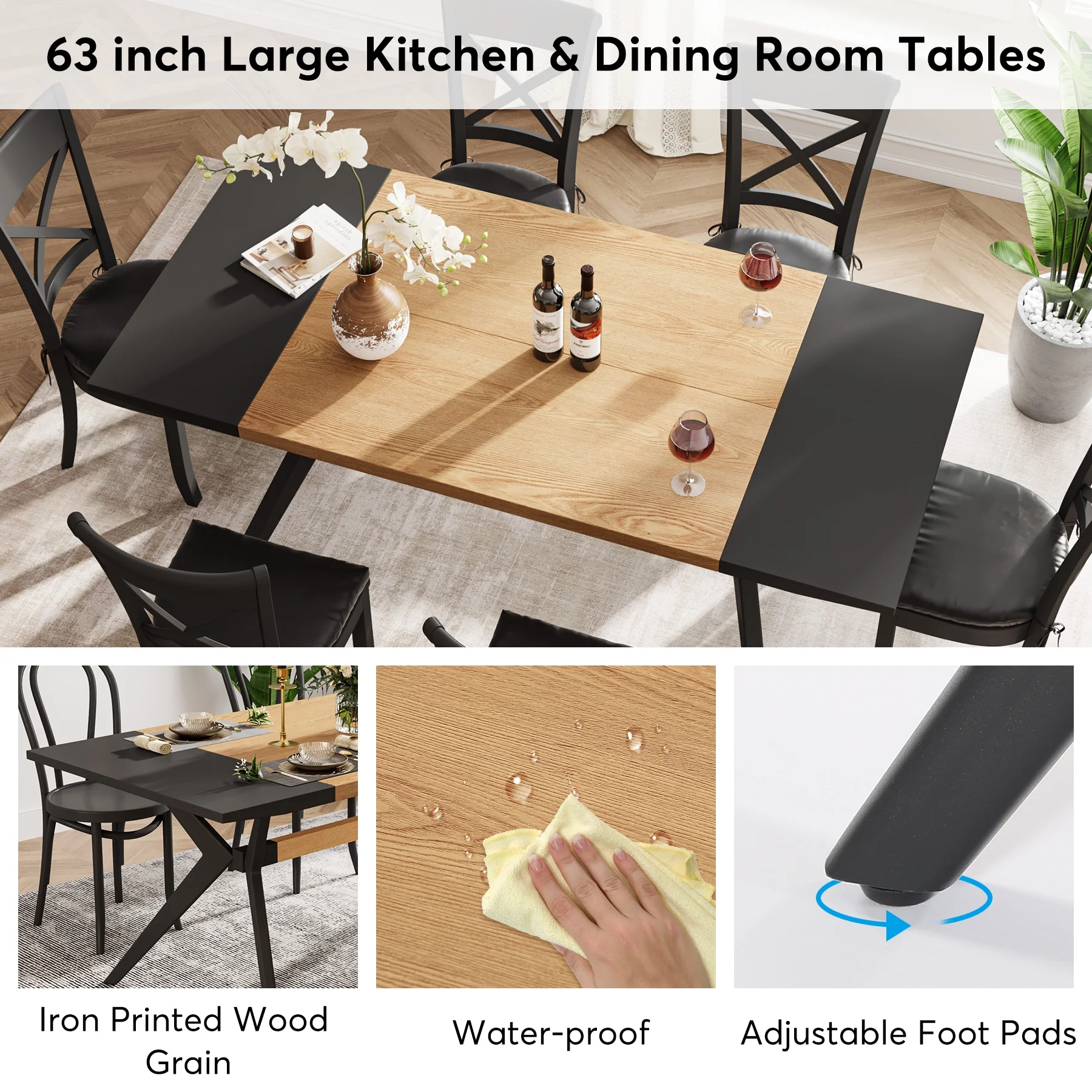 Tribesigns 63 inches Dining Table for 4-6, Large Rectangular Wood Kitchen Table Dining Room Furniture Table with X-Shaped Iron Frame