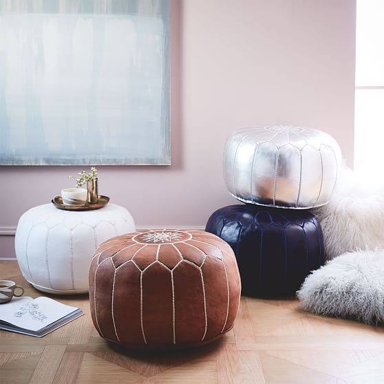 West Elm Leather Moroccan Pouf, White - Home Decor - Pouf - Home Furniture - Seating