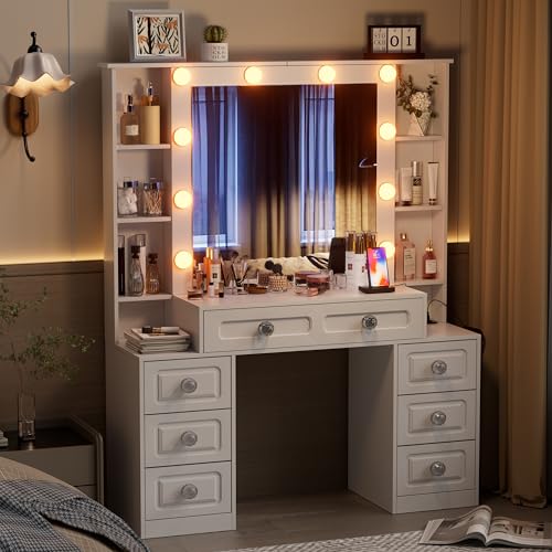 Farmhouse Makeup Vanity with Lighted Mirror & Charging Station, Vanity Desk Dresser Table with 3 Lighting Modes Brightness Adjustable,Drawers